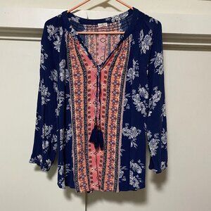 Mason & Belle long sleeve, navy & white Boho blouse w/peach center, size XXL